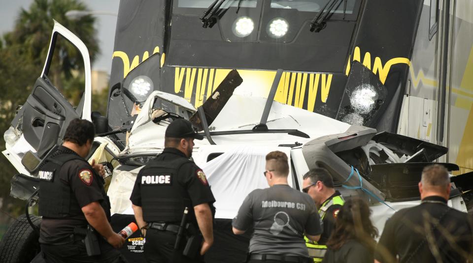 Two fatal accidents involving vehicles and Brightline trains occurred over two days at the same Melbourne crossing earlier this month. Here, police are seen responding to the second collision.