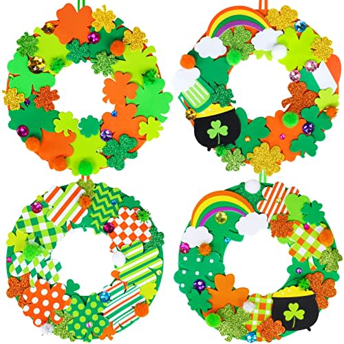 12 Sets St. Patrick's Day Shamrock Wreath Sign Decorations Foam St. Patrick's Day Craft Kits Lucky Shamrock Four-Leaf Clover Rainbow Foam Stickers for Kids Party Favors Classroom Activity Art Project