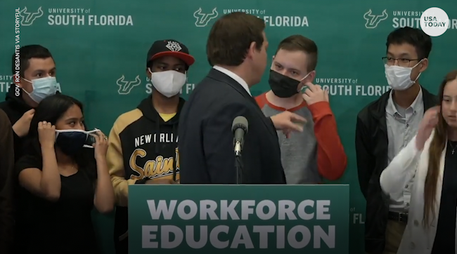 Gov. Ron DeSantis makes mask comments to students at a press conference