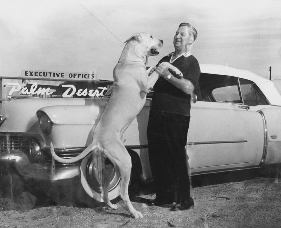 Cliff Henderson and his beloved Great Dane “Dakar” in front of the Palm Desert Corporation sales office circa 1951.