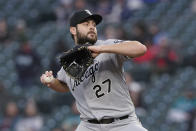 Chicago White Sox starting pitcher Lucas Giolito throws to a Seattle Mariners batter during the first inning of a baseball game Tuesday, April 6, 2021, in Seattle. (AP Photo/Ted S. Warren)