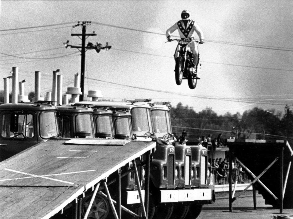 American daredevil Evel Knievel attempted a motorbike jump in 1967.