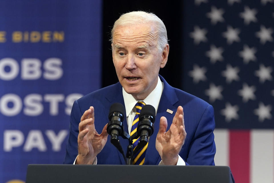 President Joe Biden speaks about the economy to union members at the IBEW Local Union 26, Wednesday, Feb. 15, 2023, in Lanham, Md. (AP Photo/Evan Vucci)