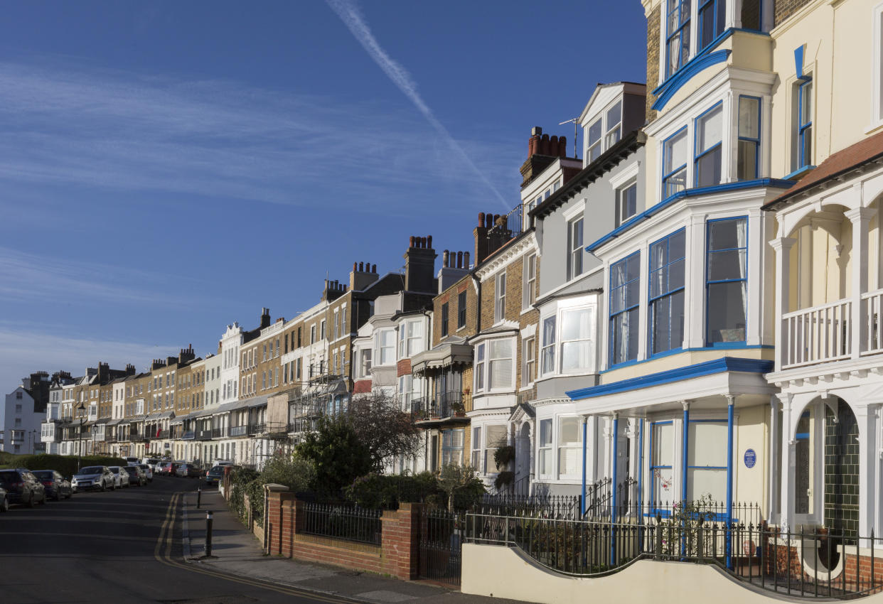 Housing architecture on Ramsgate's Royal Parade, on 8th January 2019, in Ramsgate, Kent, England. The Port of Ramsgate has been identified as a 'Brexit Port' by the government of Prime Minister Theresa May, currently negotiating the UK's exit from the EU. Britain's Department of Transport has awarded to an unproven shipping company, Seaborne Freight, to provide run roll-on roll-off ferry services to the road haulage industry between Ostend and the Kent port - in the event of more likely No Deal Brexit. In the EU referendum of 2016, people in Kent voted strongly in favour of leaving the European Union with 59% voting to leave and 41% to remain. (Photo by Richard Baker / In Pictures via Getty Images Images)