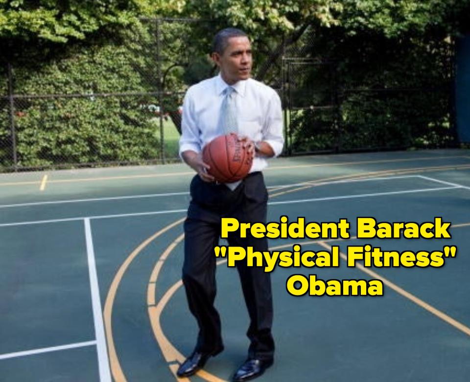 President Obama on a basketball court holding the ball with the caption President Barack "Physical Fitness" Obama