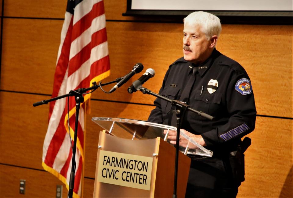 Chief Steve Hebbe of the Farmington Police Department addresses the media during a Wednesday, May 17 news conference at the Farmington Civic Center about the May 15 shooting in the city that left three victims and the gunman dead.