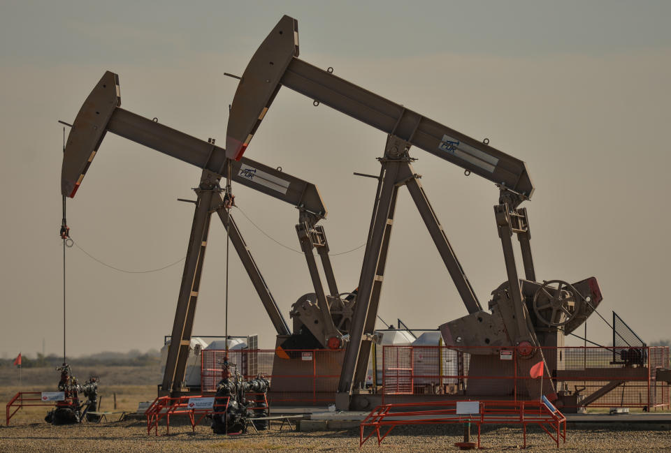 An oil well in a field near Brooks.
On Thursday, 7 October 2021, in Brooks, Alberta, Canada. (Photo by Artur Widak/NurPhoto via Getty Images)