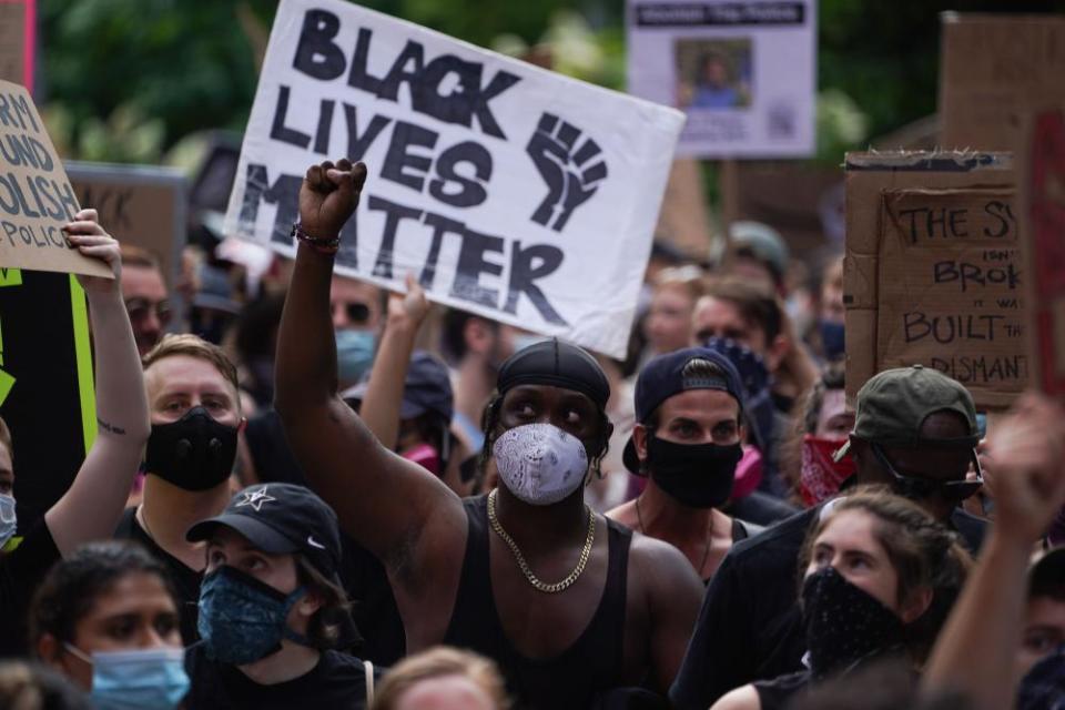 A protest in support of Black Lives Matter in New York in June. Trump seized on the protest by attempting to stoke ‘culture war’ divisions.