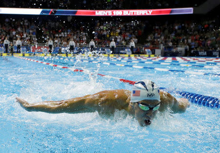 July 2, 2016; Omaha, NE, USA; Michael Phelps during the men's 100m butterfly finals in the U.S. Olympic swimming team trials at CenturyLink Center. Rob Schumacher-USA TODAY Sports