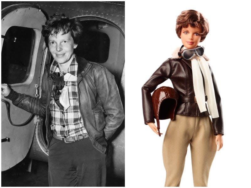 Amelia Earhart as a Barbie in a side by side image