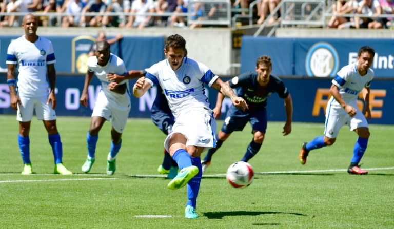 Inter Milan's Stevan Jovetic scores his team's only goal during their International Champions Cup friendly match against PSG, at Autzen Stadium in Eugene, Oregon, on July 24, 2016