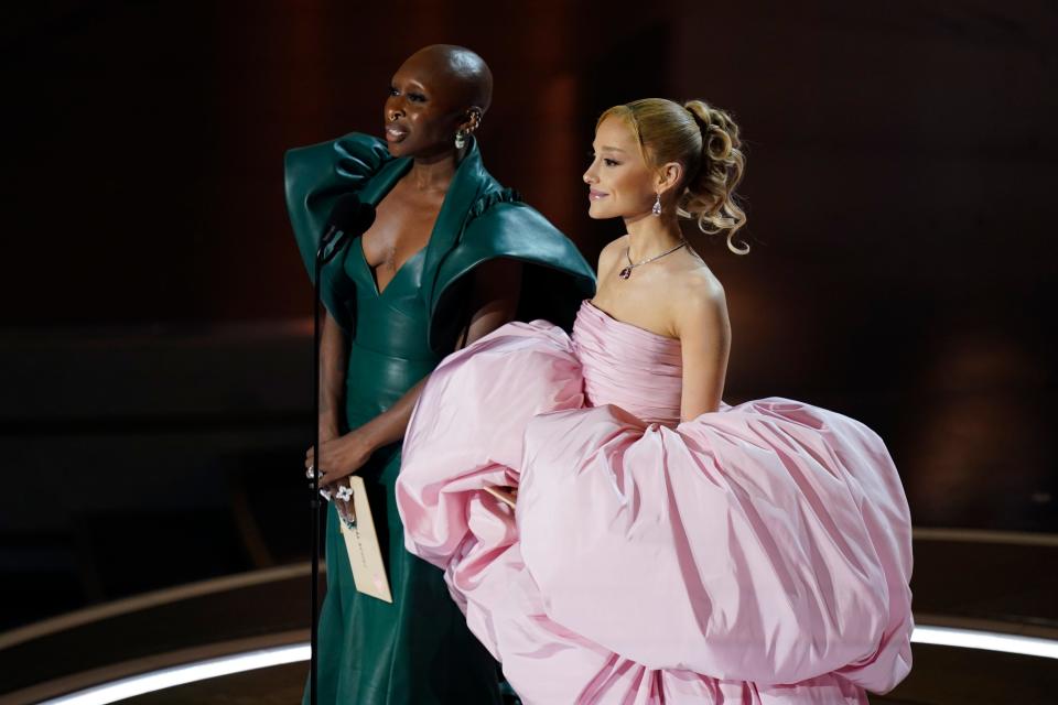 Mar 10, 2024; Los Angeles, CA, USA; Cynthia Erivo and Ariana Grande present the award for best original score during the 96th Oscars at the Dolby Theatre at Ovation Hollywood in Los Angeles on Sunday, March 10, 2024.. Mandatory Credit: Jack Gruber-USA TODAY ORG XMIT: USAT-872353 (Via OlyDrop)