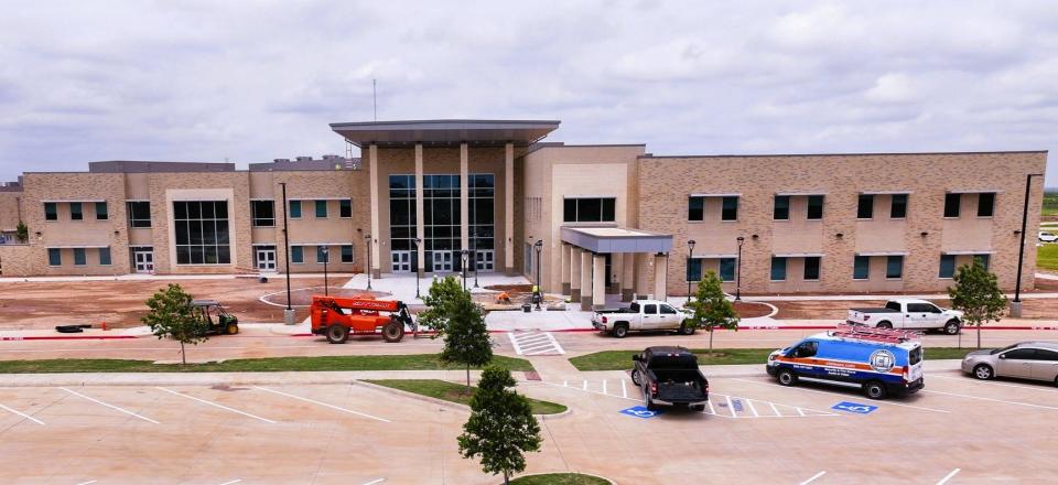 This front view of Memorial High School shows how far construction on the campus has progressed.