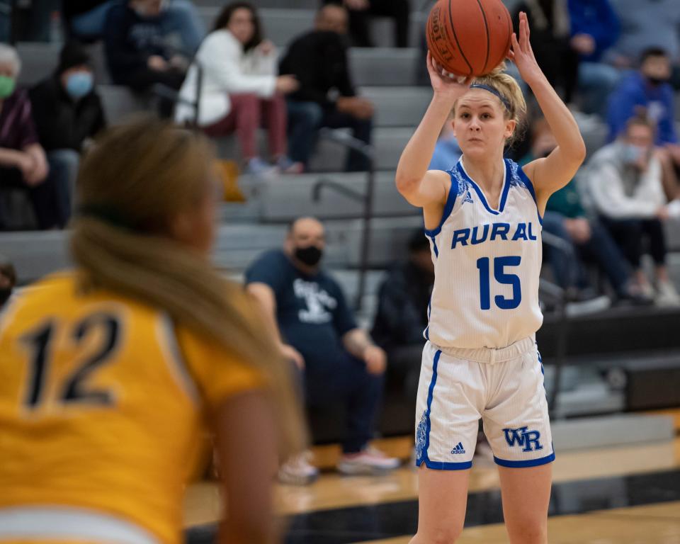 Washburn Rural Zoe Canfield (15) shoots the ball Saturday Jan. 29, 2022, at Lawrence Free State High School in Lawrence, Kan.