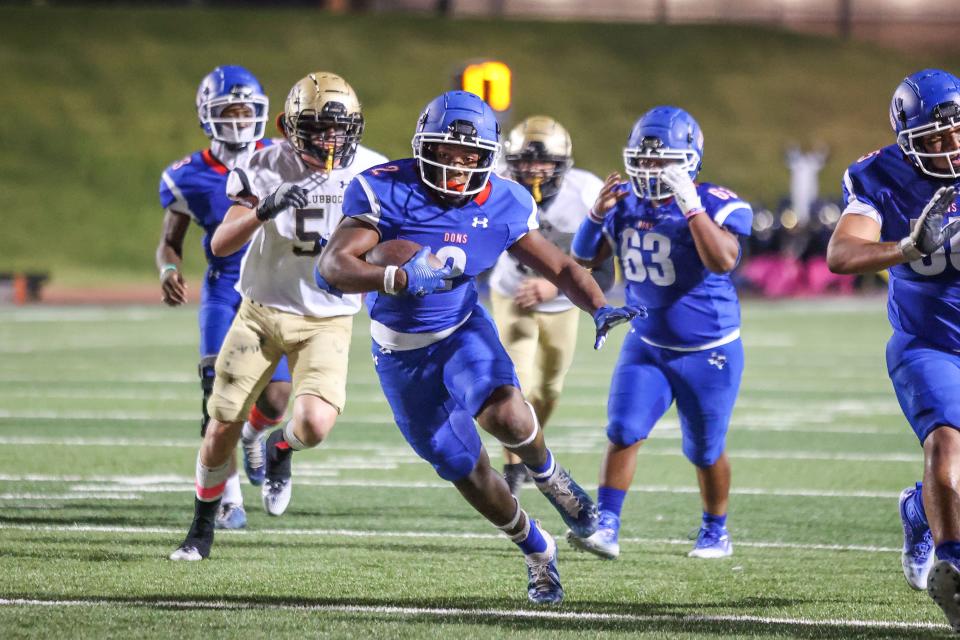 Palo Duro’s Tre’sean Monroe (2) runs the ball in a District 2-5A Div II game against Lubbock High, Thursday, October 6, 2022, at Dick Bivins Stadium in Amarillo.  Palo Duro won, 70-0.