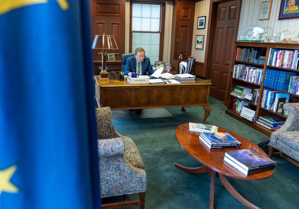 Jim Brainard goes over the speech he’s about to give to media members, Tuesday, Sept. 13, 2022, on the day Brainard, Carmel’s longtime mayor, announced he’s not seeking reelection. 
