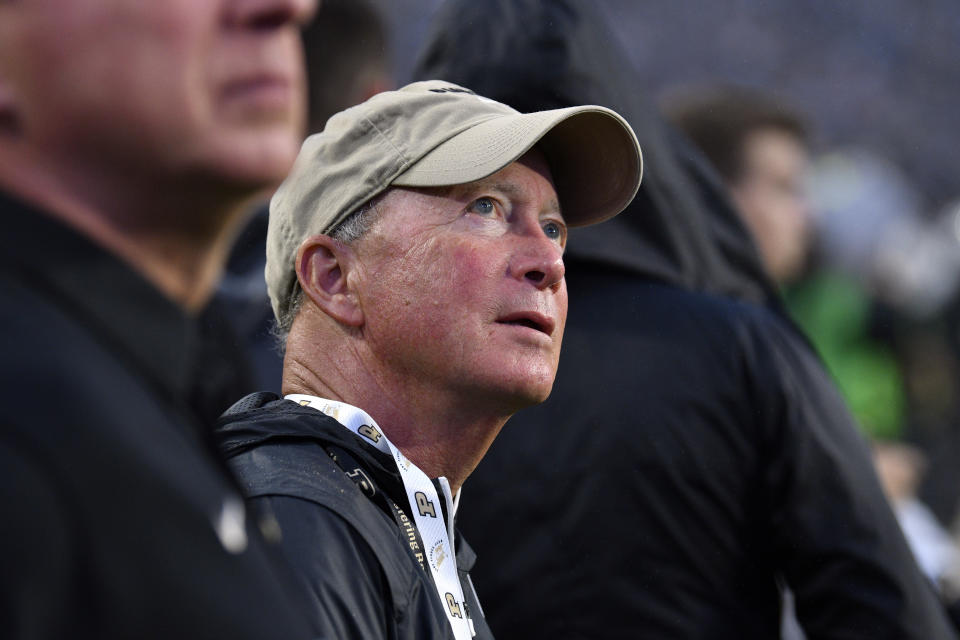 Sep 4, 2021; West Lafayette, Ind., Purdue Boilermakers president Mitch Daniels watches a replay during a game at Ross-Ade Stadium. (Photo: Marc Lebryk-USA TODAY Sports)