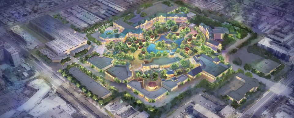 An artist’s rendering of the proposed development adjacent to the southeastern corner of Disney’s California Adventure in what is now the Toy Story parking area. (DisneylandForward.com)