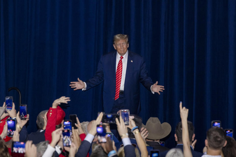 ROME, GEORGIA - MARCH 9: Donald Trump addresses the crowd inside the Donald Trump Get Out The Vote Rally at the Forum River Center in Rome, Georgia on Saturday, March 9, 2024