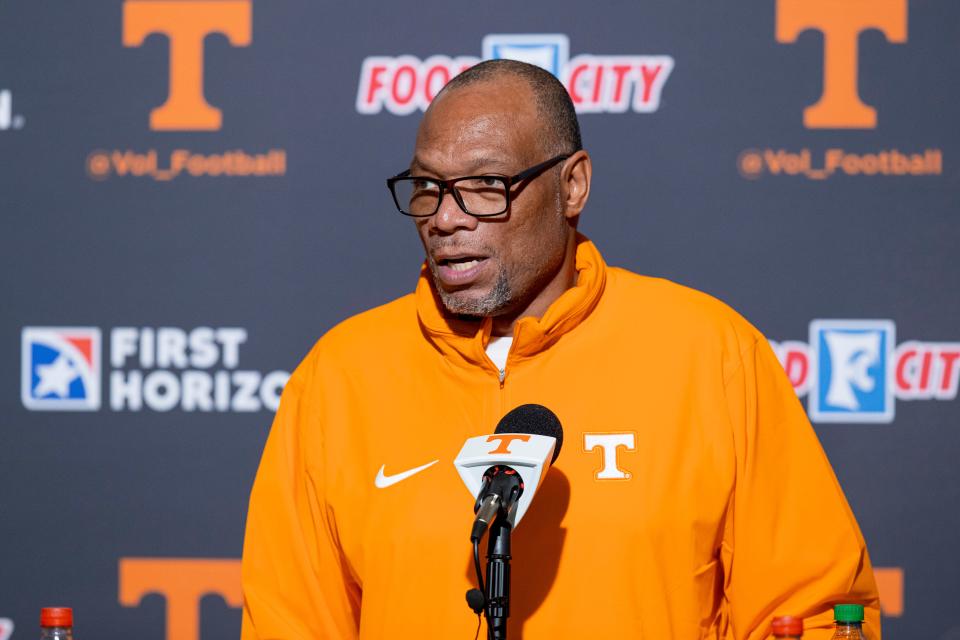 Tennessee linebackers coach William Inge addresses the media during a press conference on March 4, 2024.