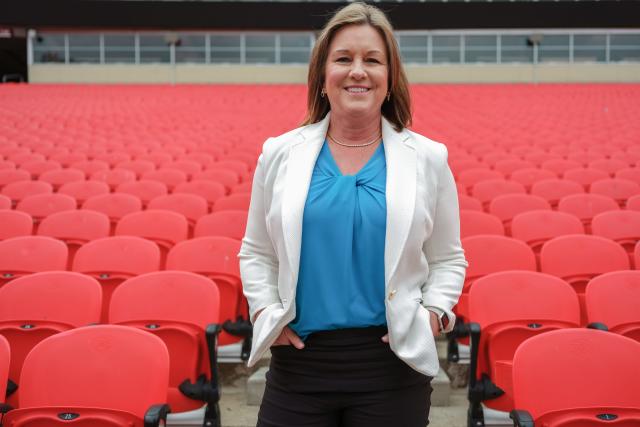 Kathy Nelson poses for a portrait at Arrowhead Stadium on March 13, 2023 in Kansas City, Missouri.