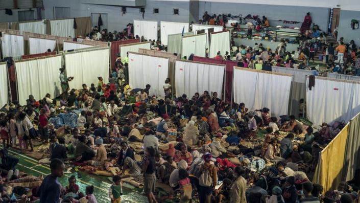 Madagascan disaster victims take refuge in the gymnasium of Ankorondrano after being displaced from flooding from a tropical cyclone in the capital Antananarivo, Madagascar, 23 January 2022.