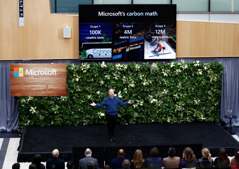 President of Microsoft Smith speaks as the company announces plans to be carbon negative by 2030 and to negate all the direct carbon emissions ever made by the company by 2050 at their campus in Redmond