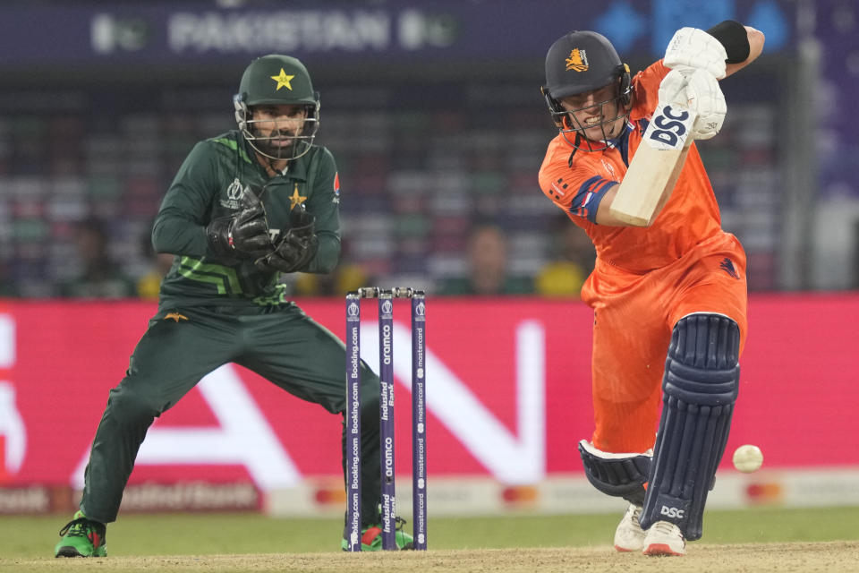 Netherlands' Logan Van Beek plays a shot during the ICC Men's Cricket World Cup match between Pakistan and Netherlands in Hyderabad, India, Friday, Oct. 6, 2023. (AP Photo/Eranga Jayawardena)