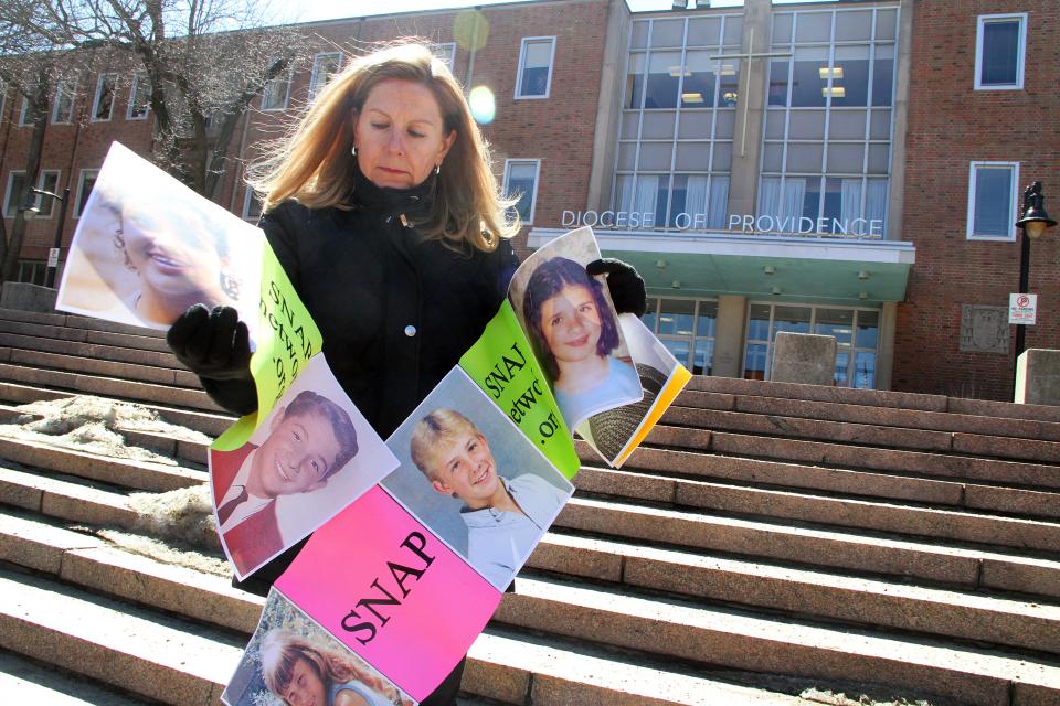 Barbara Blaine attends a 2014 news conference outside the Providence diocesan office in which she and others raised concerns about the Rev. Francis Santilli.