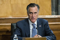 Senate Homeland Security and Governmental Affairs Committee member Sen. Mitt Romney, R-Utah, speaks during the committee's business meeting where it will consider new subpoenas in the "Crossfire Hurricane"/Burisma investigation on Capitol Hill, Wednesday, Sept. 16, 2020, in Washington. (AP Photo/Manuel Balce Ceneta)