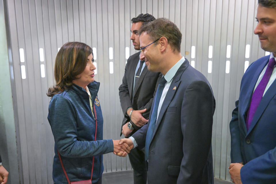 New York Gov. Kathy Hochul, left, arrives in Israel, Wednesday, Oct. 18, 2023, to begin a trip intended to show support for the country during its war with Hamas. (Shlomi Amsalem/Office of Gov. Kathy Hochul via AP)