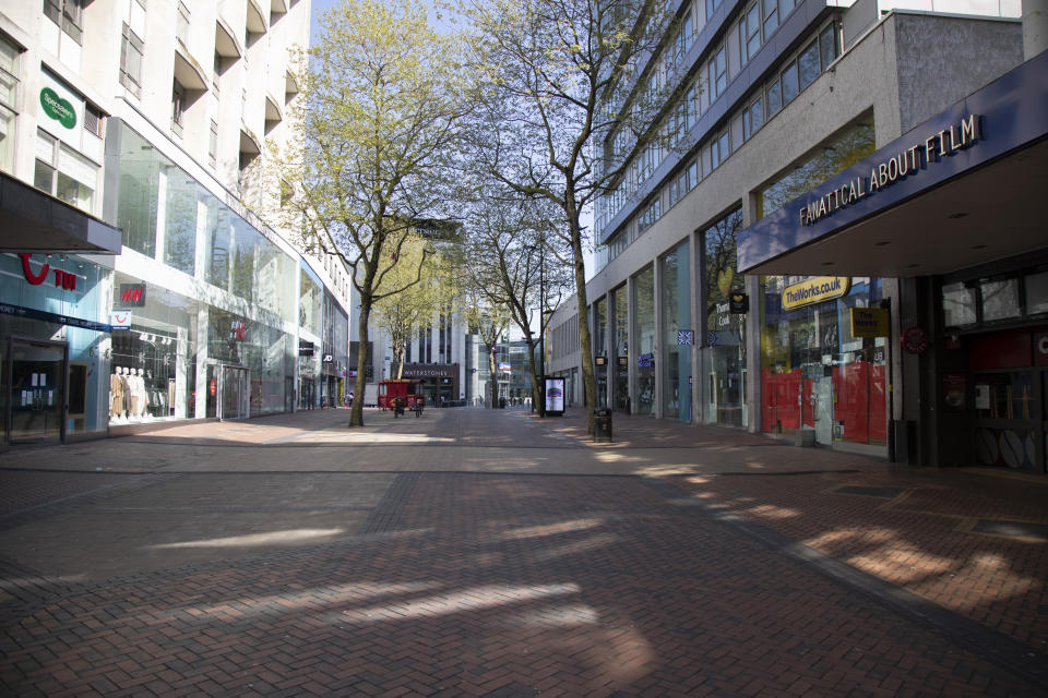 Birmingham city centre eerily quiet and deserted on New Street, one of the normally busy shopping areas, under lockdown due to Coronavirus on 24th April 2020 in Birmingham, England, United Kingdom. Coronavirus or Covid-19 is a new respiratory illness that has not previously been seen in humans. While much or Europe has been placed into lockdown, the UK government has extended stringent rules as part of their long term strategy, and in particular 'social distancing', which has left usually bustling areas like a ghost town. (photo by Mike Kemp/In PIctures via Getty Images)