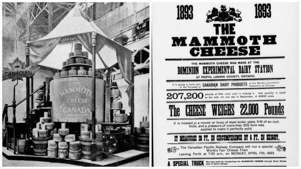 The Mammoth Cheese display at the 1893 Chicago World Fair shown next to a poster advertising the cheese.
