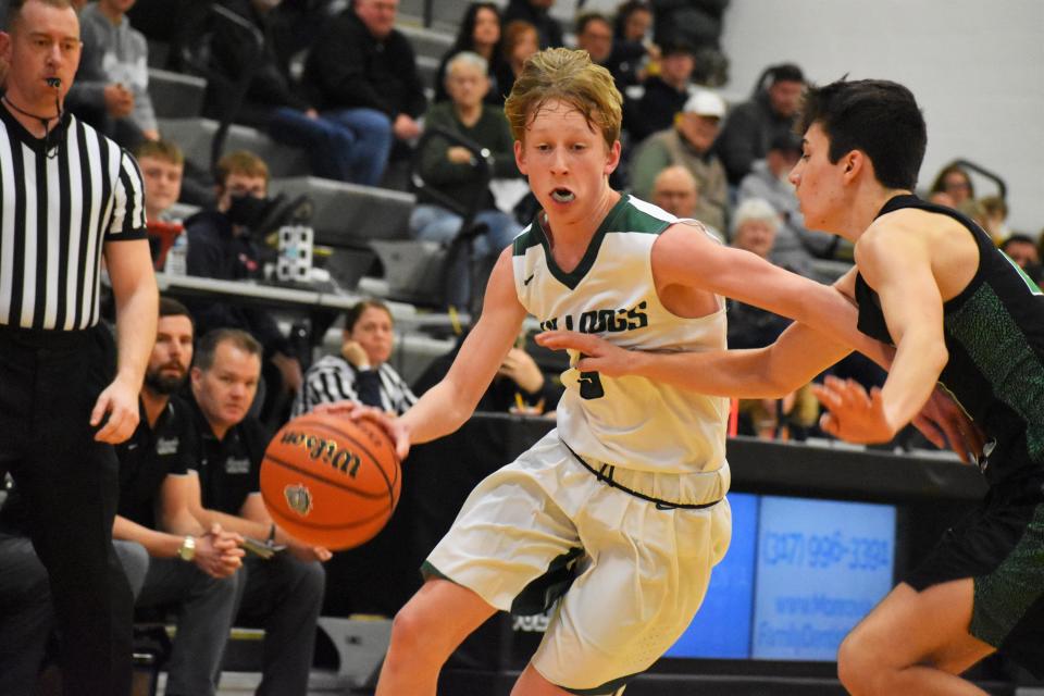 Monrovia's Tucker Rahn drives into the paint during its game with Cloverdale on Feb.8, 2022.