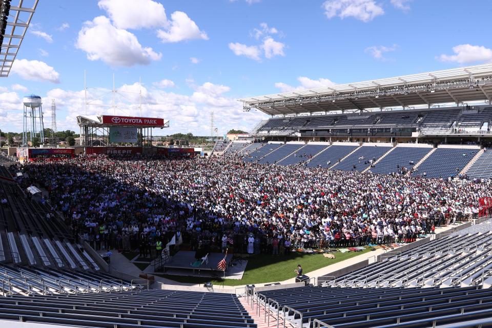 Muslims gather to perform Eid-al-Fitr prayer at Toyota Park Stadium in Chicago, United States on June 25, 2017. Approximately, 25 thousand people attended the prayer. Eid-al-Fitr is a holiday celebrated by Muslims worldwide that marks the end of Muslims' holy month of fasting 'Ramadan'.