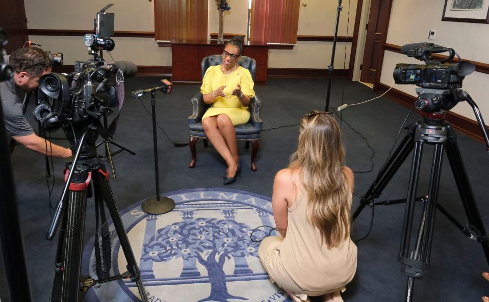 Yolanda W. Page, new president of Stillman College, sits for an interview with members of the news media on Friday, July 21, 2023.