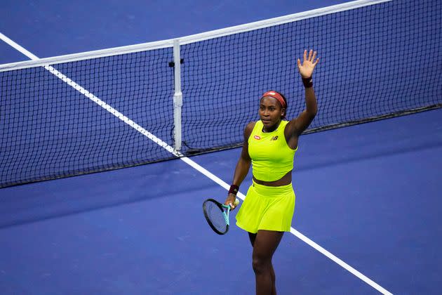 Coco Gauff is photographed after winning against Belgium's Elise Mertens during the third round of the U.S. Open on Friday in New York City.