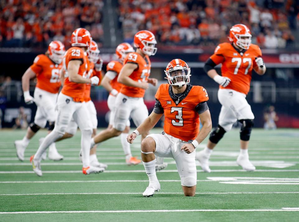 OSU quarterback Spencer Sanders (3) reacts after throwing an incomplete pass in the second quarter against Baylor on Saturday.