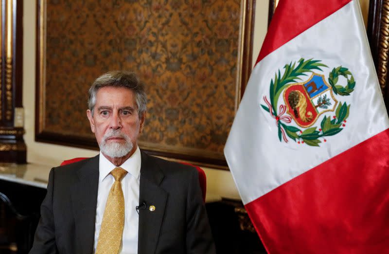 Peru's interim President Francisco Sagasti speaks to Reuters in Lima