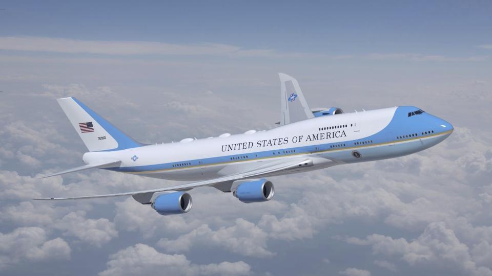 This artist rendering provided by the U.S. Air Force shows the new livery design for the new Air Force One, selected by President Joe Biden. Biden is sticking with a blue-and-white color scheme for the exterior of the coming new version of Air Force One. The Air Force says the light blue on the new model of the modified 747s that transport the president will be a little bit deeper and more modern in tone than the robin's egg blue on the aircraft currently in use.(U.S. Air Force via AP)