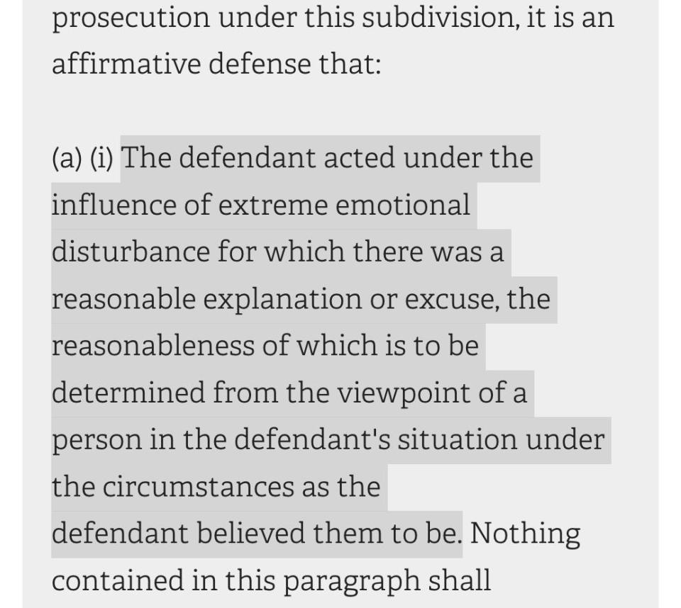 This photo shows an excerpt from the definition of "extreme emotional disturbance" under New York law.