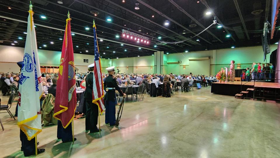 The joint colorguard from Amarillo ISD prepares to present the colors to a crowd of about  900 people at the city's 33rd annual Community Prayer Breakfast Tuesday morning at the Amarillo Civic Center.