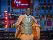 Talk show host Nick Cannon poses for a portrait on the set of "Nick Cannon" at Metropolitan Studios in New York on Sept. 16, 2021. His nationally syndicated daytime talk show premieres Sept. 27 on Fox Television Stations. (Photo by Andy Kropa/Invision/AP)