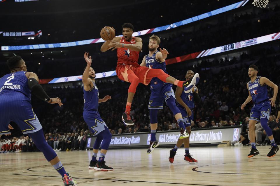Giannis Antetokounmpo of the Milwaukee Bucks looks to pass during the second half of the NBA All-Star basketball game Sunday, Feb. 16, 2020, in Chicago. (AP Photo/Nam Huh)