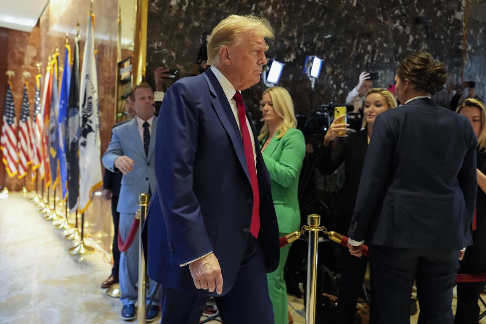 Former President Donald Trump arrives to speak at a news conference at Trump Tower, Friday, May 31, 2024, in New York. A day after a New York jury found Donald Trump guilty of 34 felony charges, the presumptive Republican presidential nominee addressed the conviction and likely attempt to cast his campaign in a new light. (AP Photo/Julia Nikhinson)