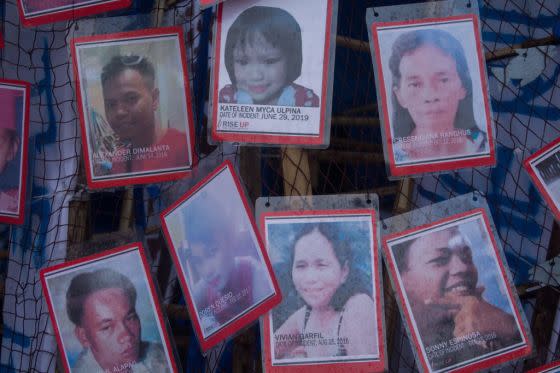 Portraits of alleged victims of the Philippine “war on drugs” are displayed during a protest of Duterte’s State of the Nation Address, in Manila, Monday, July 22, 2019.<span class="copyright">Richard James Mendoza—NurPhoto/Getty Images</span>