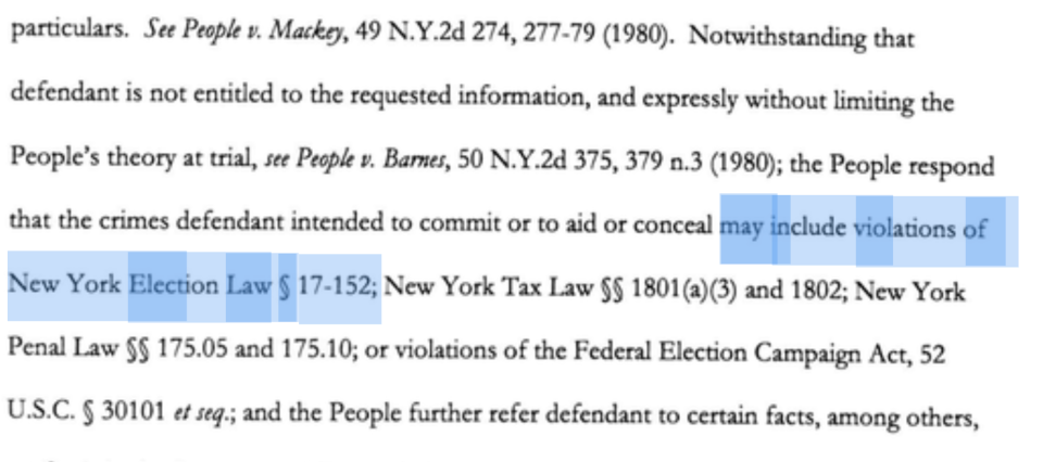 An excerpt from Manhattan prosecutors' bill of particulars in the Donald Trump hush-money case. - Copyright: Manhattan district attorney's office.