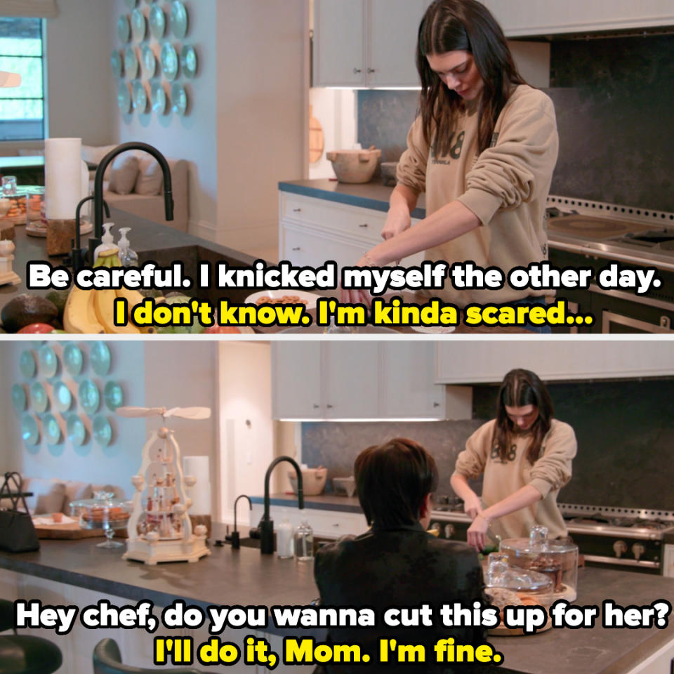 Kris calls for the chef to cut the cucumber, but Kendall insists she's fine. Her arms are twisted around the cucumber.