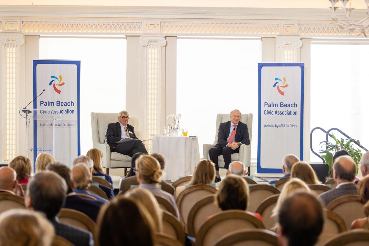 Palm Beach Civic Association Chairman-Elect Michael Pucillo, left, and foreign policy expert Richard Haass talk March 15 as part of the association's Signature Series.