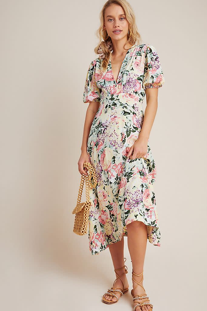 Faithfull The Brand Rafa floral-print crepe midi dress. Image via Anthropologie.